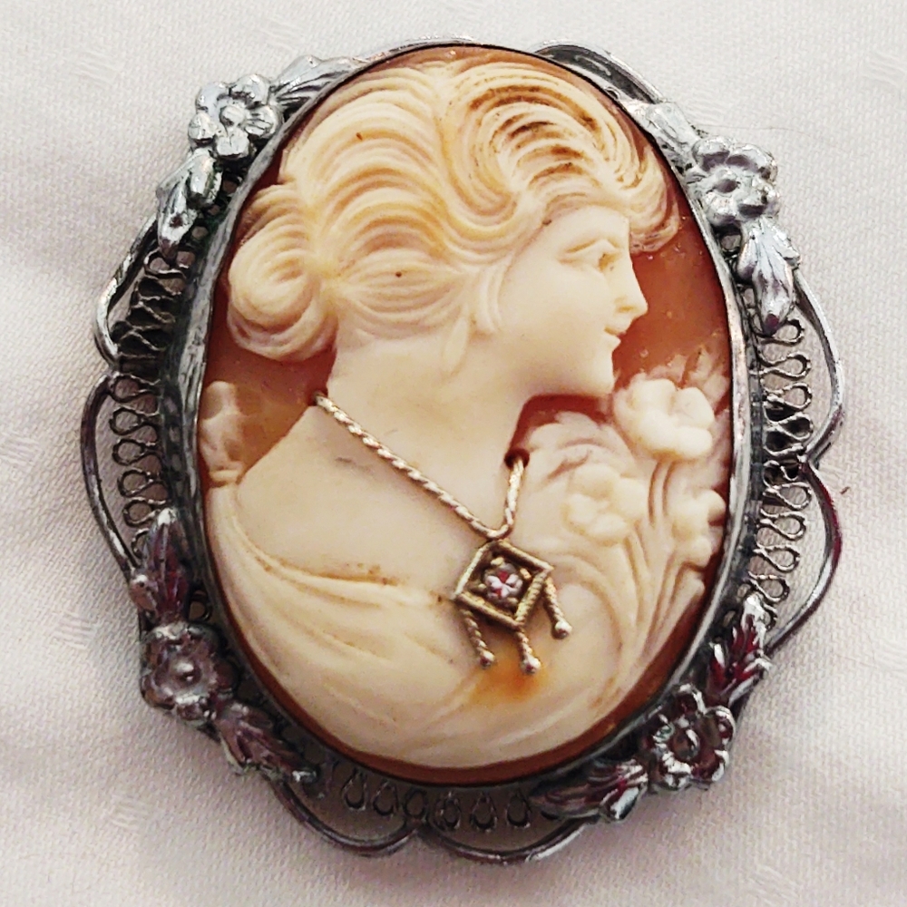 Antique Sterling Silver Filigree Carved Shell Cameo with Diamond Brooch